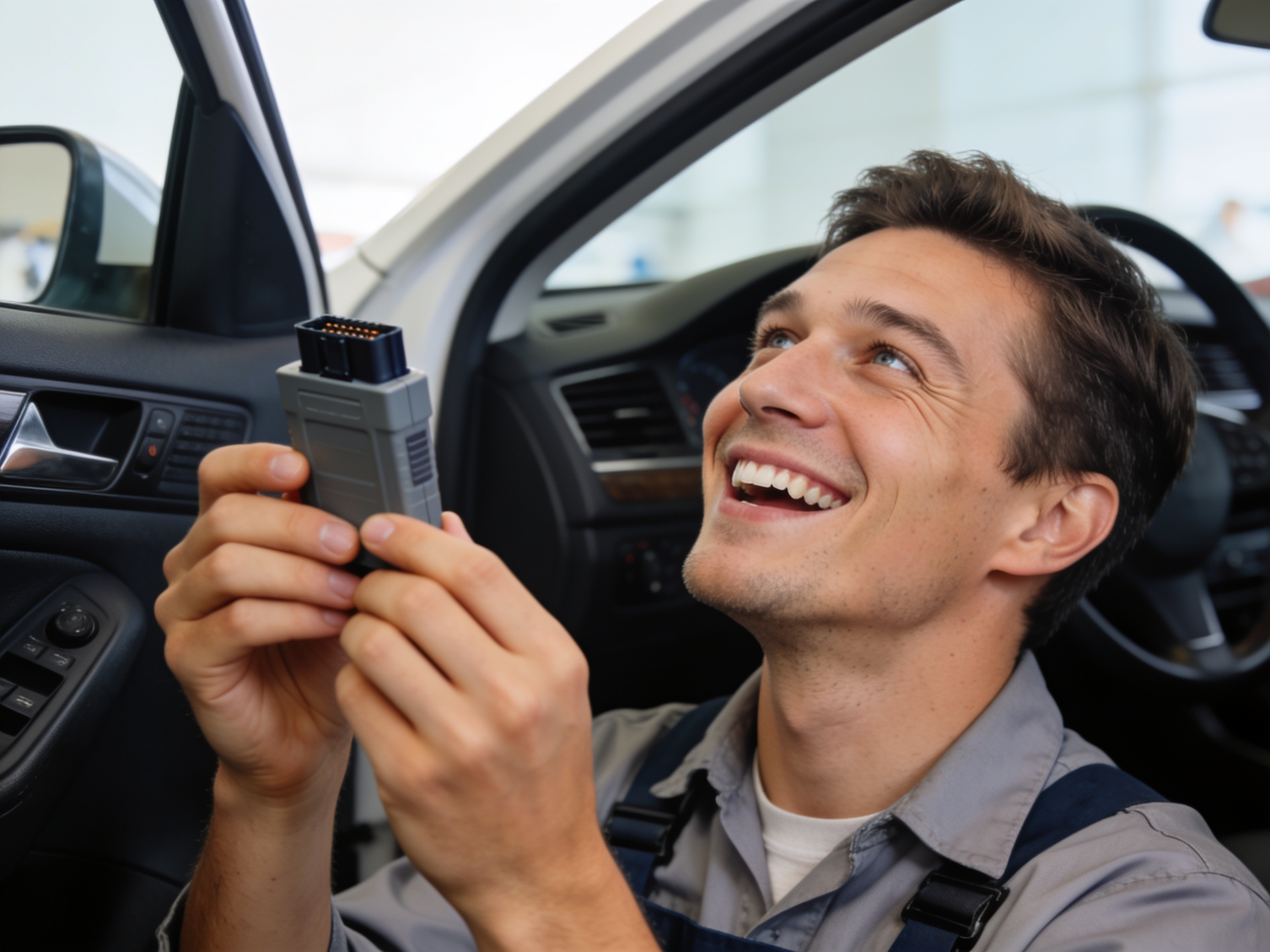 Teknisi memeriksa alat diagnostik OBD di dalam mobil