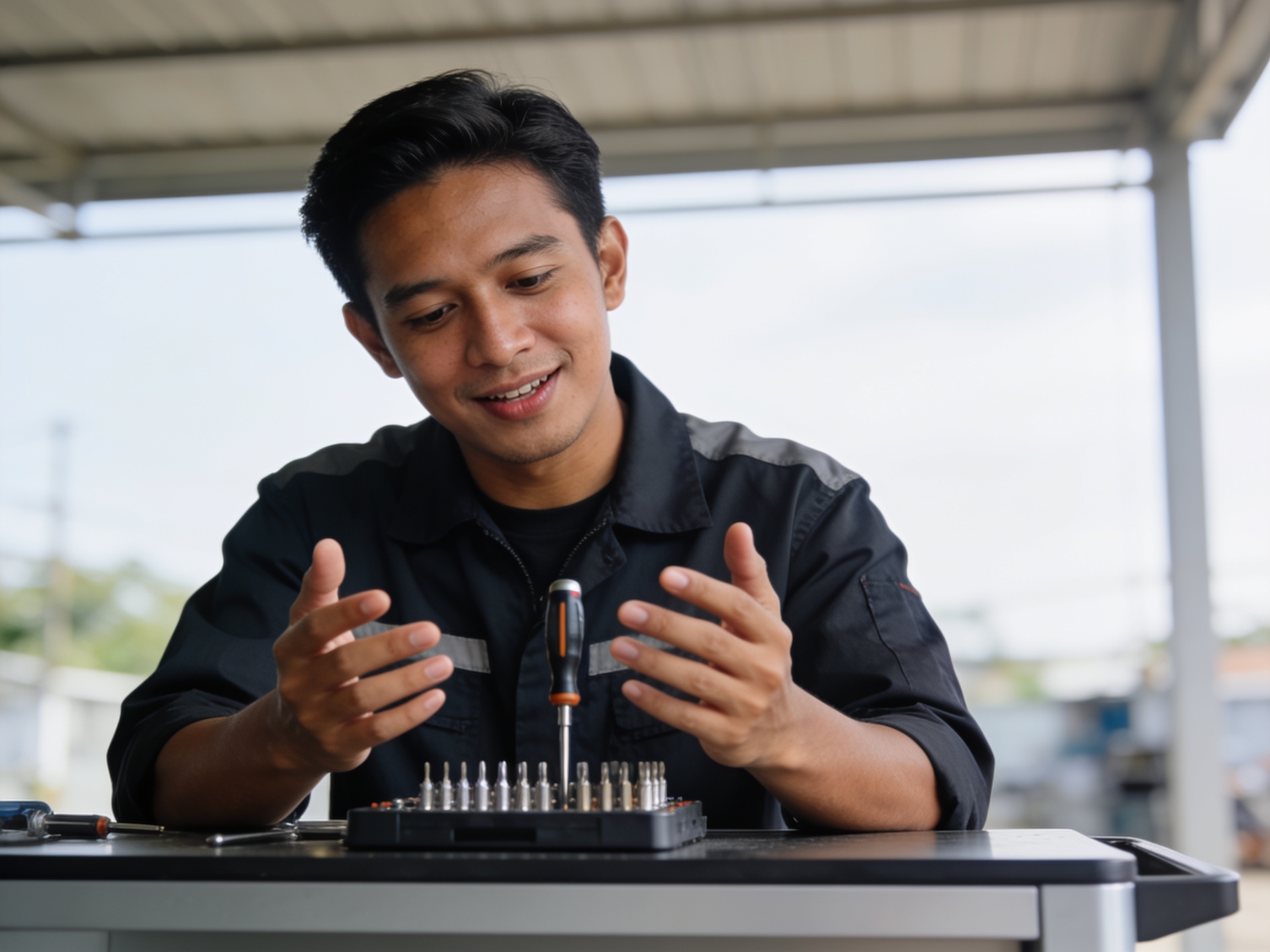 Teknisi Indonesia memeriksa set obeng presisi untuk belanja hardware elektronik online yang aman.