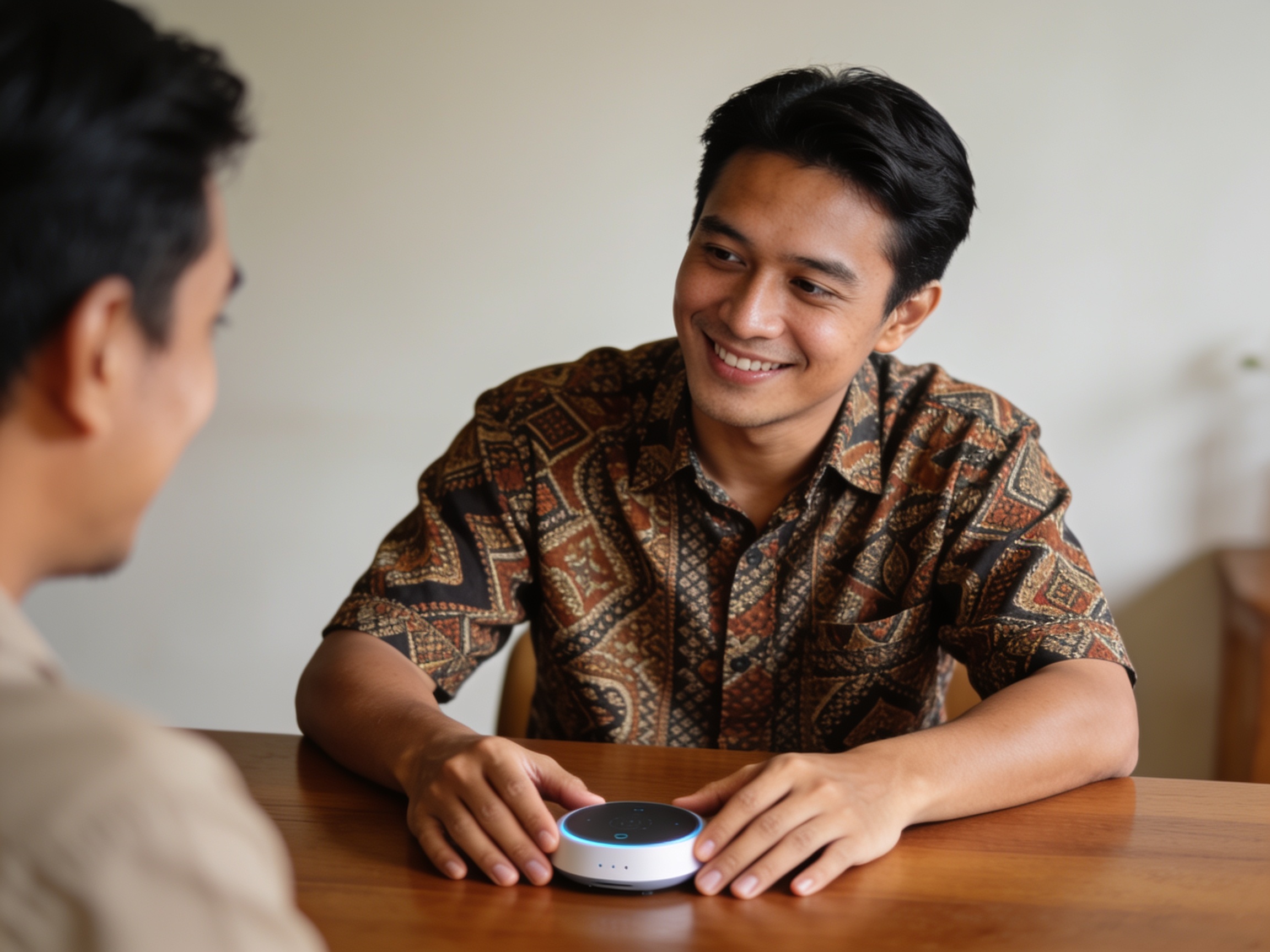 Pria Indonesia memeriksa smart home hub sebagai bagian dari alat elektronik rumah pintar