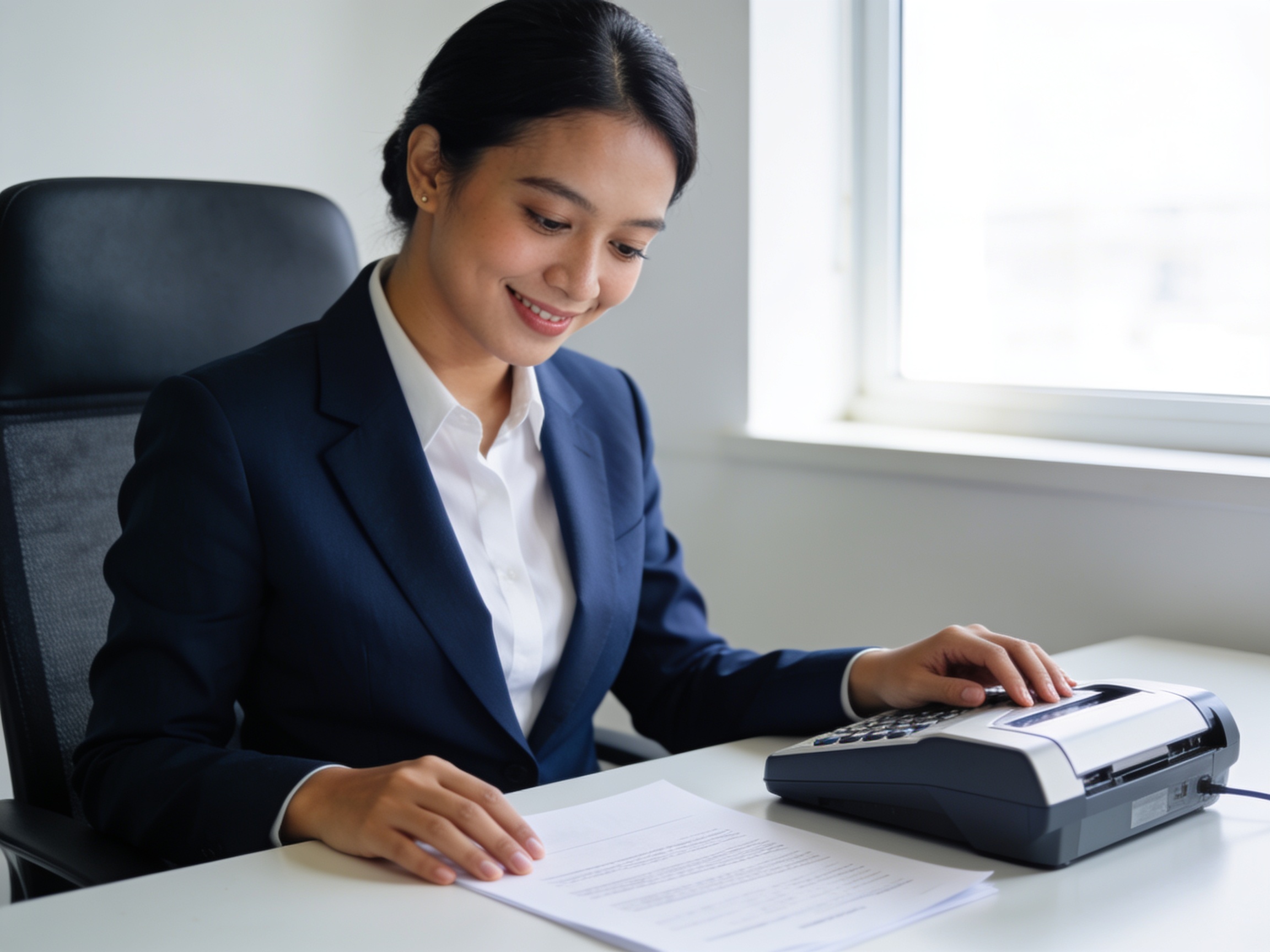 Petugas pengadaan memeriksa spesifikasi scanner untuk beli alat kantor elektronik yang efisien.