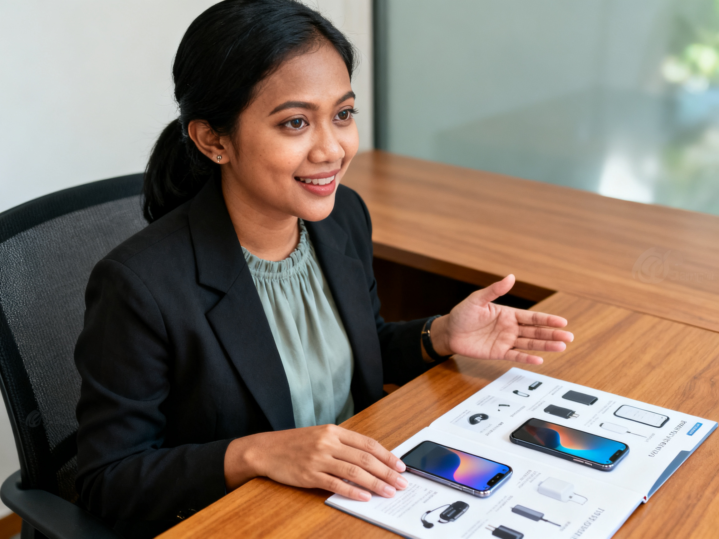 Indonesia woman memeriksa katalog aksesori seluler terpopuler sambil meninjau data penjualan